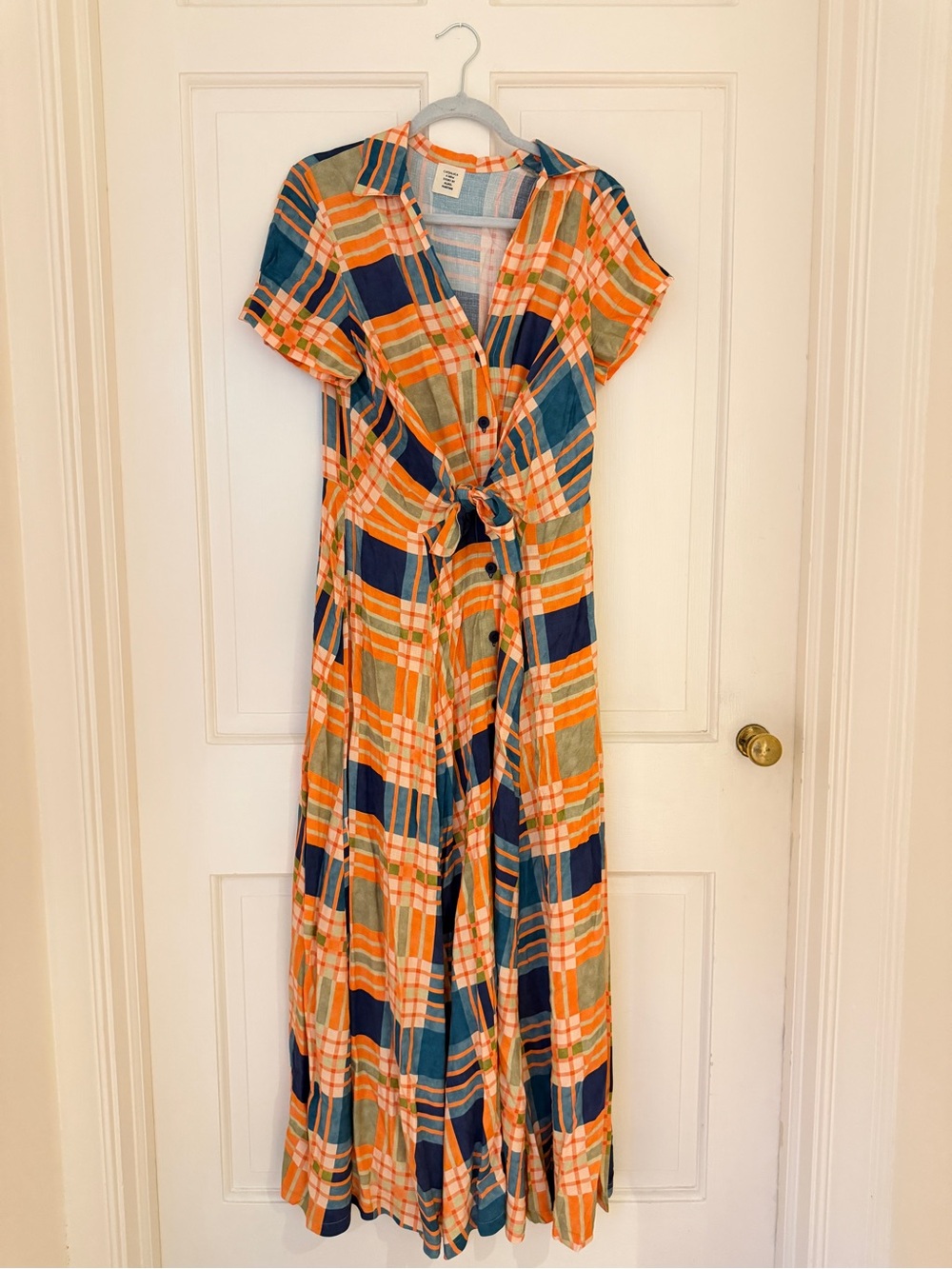 Plaid Button-Front Maxi Dress with Tie Waist - Orange, Navy & Green